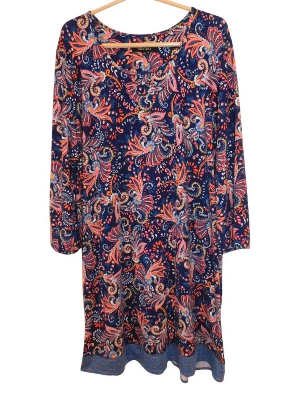 Ellen Tracy Women’s 1X Paisley Boho Shift A-Line Dress Navy Multicolor
